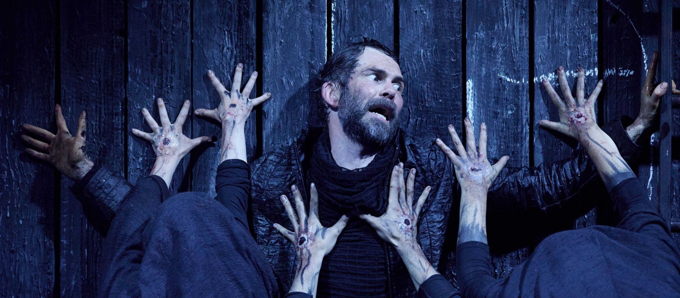 Macbeth (Marty Rea) and the Three Witches (Caitríona Ennis, Emmet Farrell, Pattie Maguire) in Shakespeare's Macbeth, a 2025 Druid production directed by Garry Hynes. Photo: Ros Kavanagh.